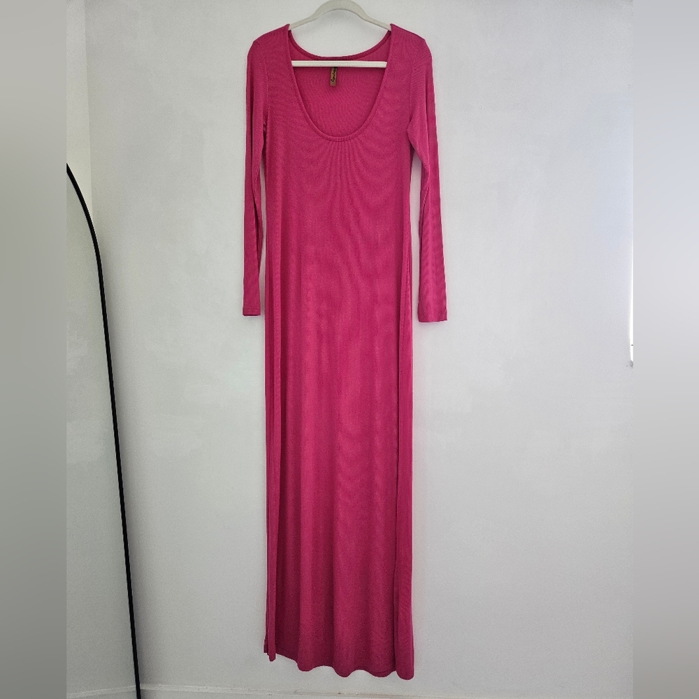 Rachel Pally Bright Fusia Pink Open Oval Neckline Long Sleeve Ribbed Maxi Dress